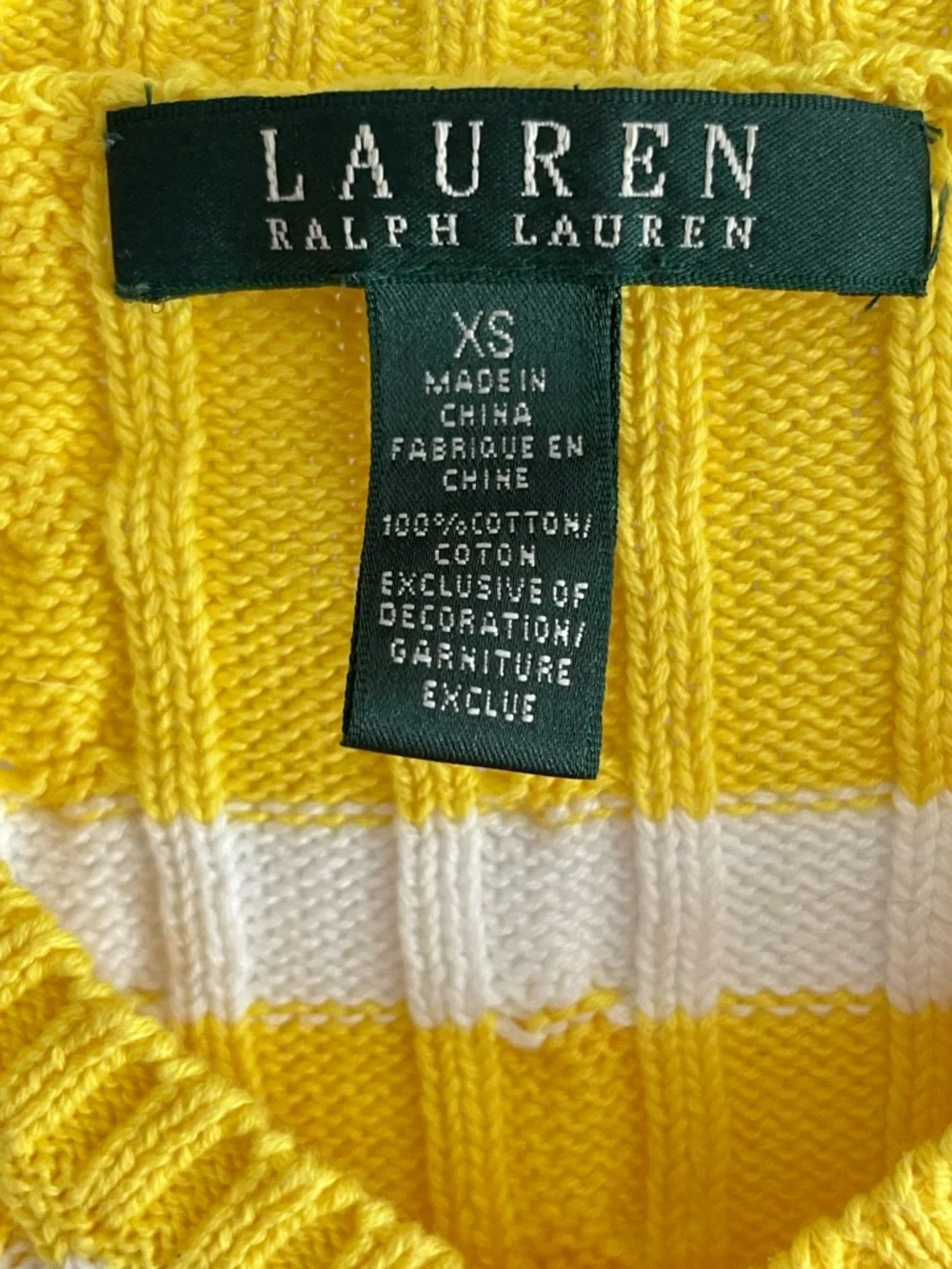 Lauren Ralph Lauren Yellow White Striped Cable Knit Sweater XS 100% Cotton VNeck